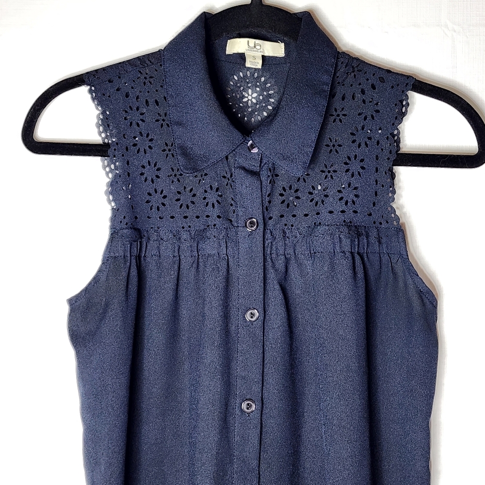 Ya Los Angeles Collared Sleeveless Navy Dress Full Button Front Size Small